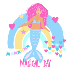 Cute little mermaid clipart. Vector illustration. Kids birthday invation. Childrens magic posters, cards. 