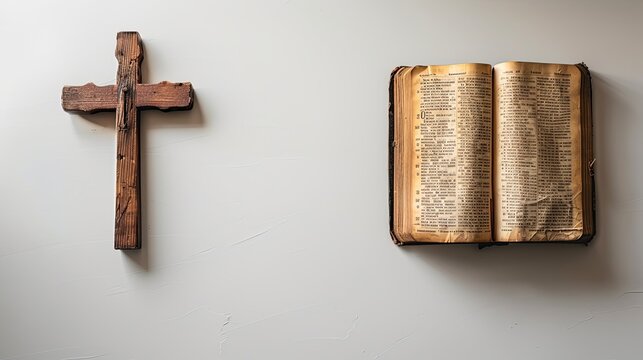 Minimalist white background with an open Bible and a wooden cross, offering ample copy space for text overlays. Great for church announcements and sermon series.