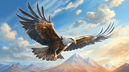 Obraz premium An eagle flying with its large wings in the clear sky in the desert of the United Arab Emirates, the concept of predation and visual acuity, the diversity of livestock