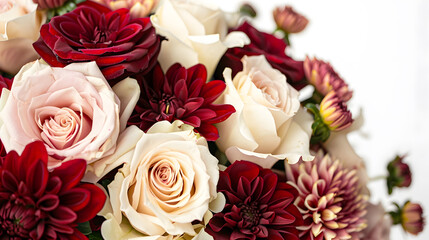 Fototapeta premium Autumn bouquet of red and white roses hydrangeas chrysanthemums isolated on a white background : Generative AI