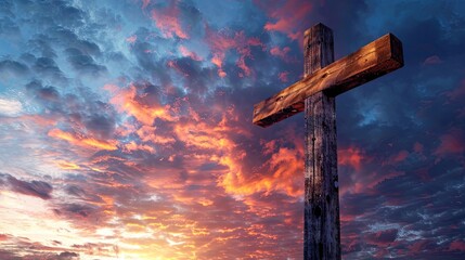 Rustic wooden cross against a dramatic sunset sky, powerful imagery for faith and redemption themes.