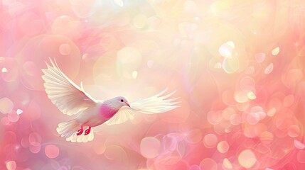 Obraz premium Soft pastel-colored background with a dove flying, representing peace and the Holy Spirit, perfect for church bulletins and spiritual messages.