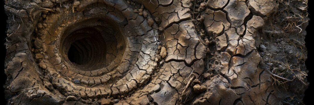 A close-up photo of a common mole tunnel entrance, taken from a high angle, revealing the intricate pattern of the moles digging in soft soil