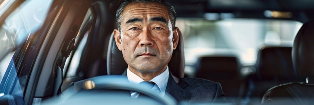 A low-angle shot capturing a Japanese businessman, dressed in a sharp suit, seated confidently in a luxurious car. He looks directly at the camera, radiating an air of authority