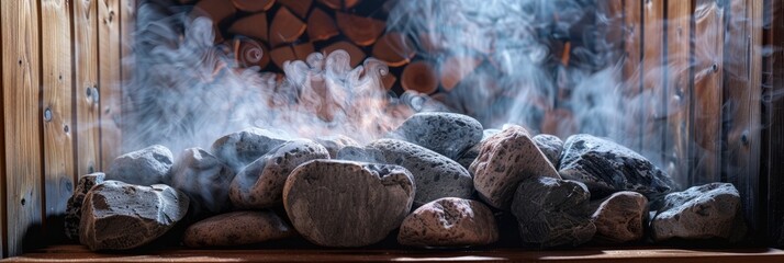 A low-angle view of sauna stones emitting steam from within a sauna stove, highlighting the dynamic movement of the steam