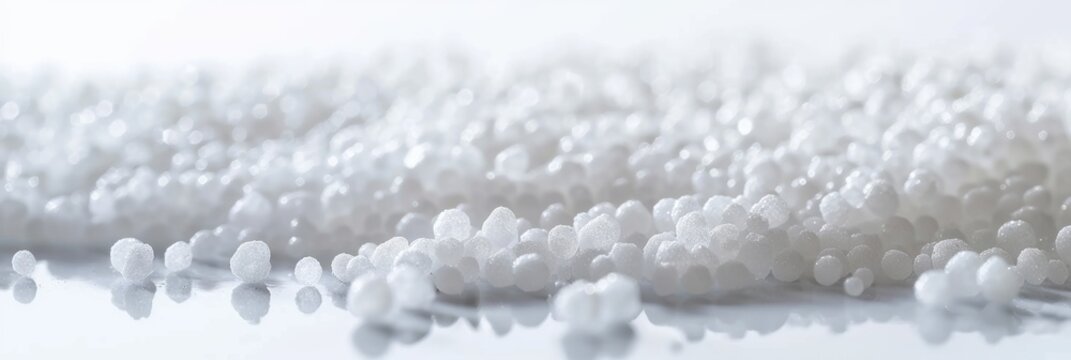 A macro photograph showcasing white plastic granules scattered on a smooth surface, creating a minimalist and abstract composition