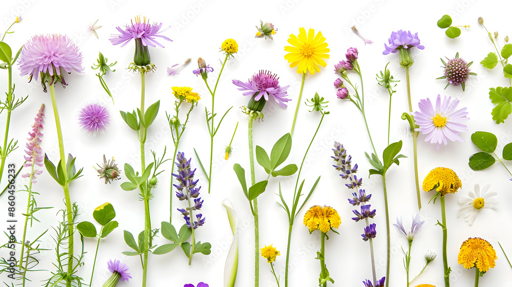 Poster meadow wild flower creative layout daisy dandelion violet viola buttercup clover flowers grass isola
