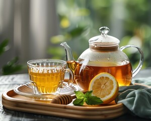 Teapot and cup of green tea with honey and lemon on a tray, tea time