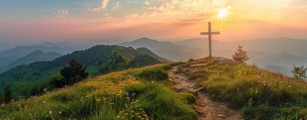 Serene landscape with a cross on a hilltop at sunrise, symbolizing hope and faith. Ideal for religious events and spiritual gatherings.