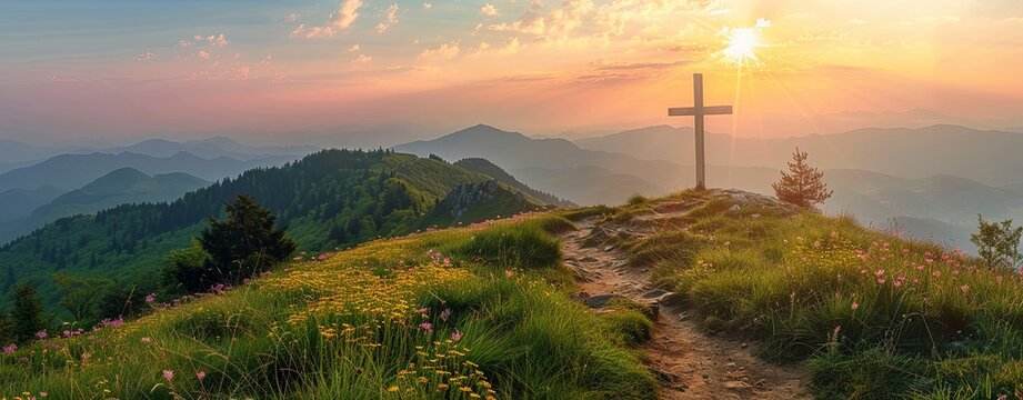 Serene landscape with a cross on a hilltop at sunrise, symbolizing hope and faith. Ideal for religious events and spiritual gatherings.