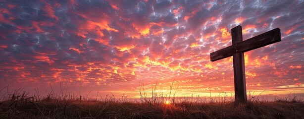 Rustic wooden cross against a dramatic sunset sky, powerful imagery for faith and redemption themes.