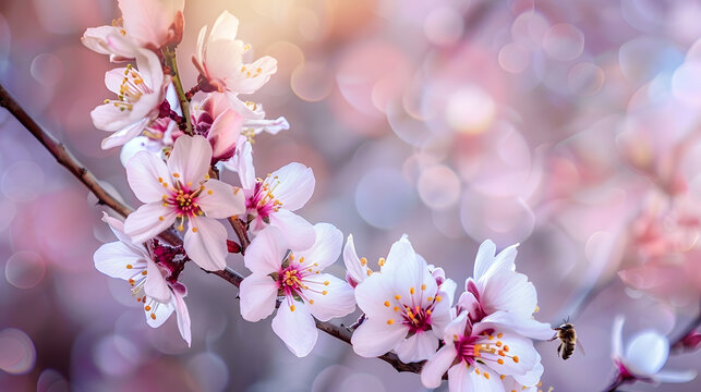 Almond flowers closeup Flowering branches of an almond tree in an orchard Bee approaching them to collect pollen : Generative AI