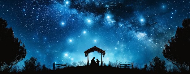 Traditional nativity scene under a starry night sky, perfect for Christmas cards and holiday promotions.