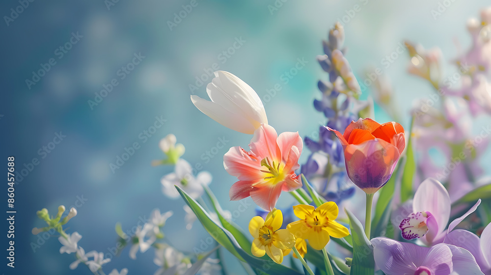 Poster beautiful spring flowers on paper background : generative ai