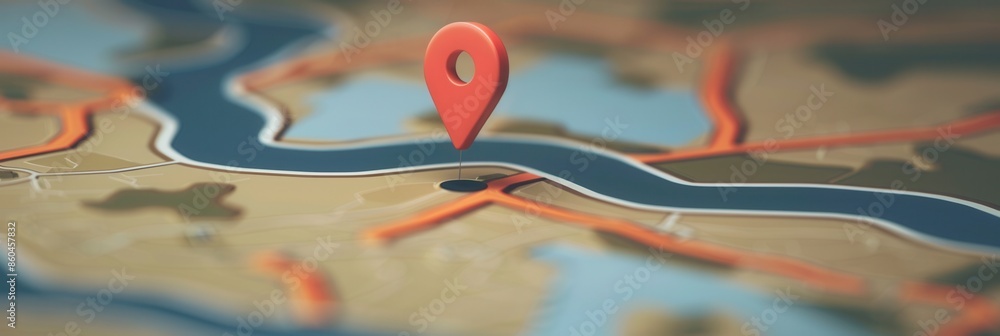 Poster a sleek and minimal image of a red location pin placed on a detailed map, perfect for navigation app