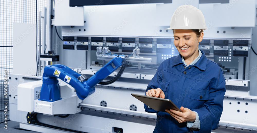 Aufkleber Engineer uses a digital tablet to control robots in a smart factory. Smart industry 4.0 concept.