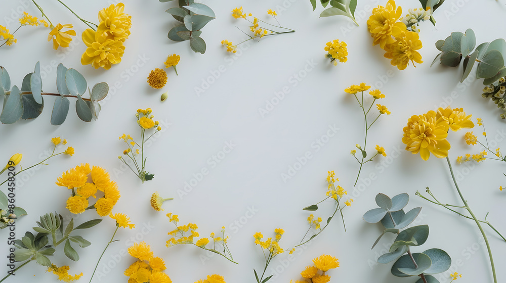 Poster flowers composition wreath made of various yellow flowers and eucalyptus branches on white backgroun