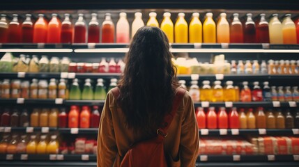 back view of young woman looking at bottle of juice in grocery store