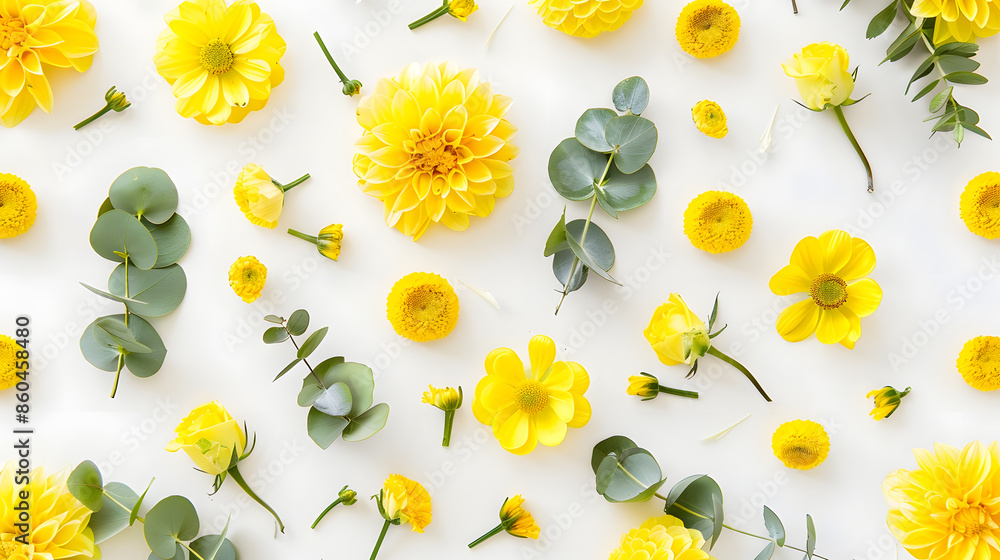 Poster flowers composition pattern made of yellow flowers and eucalyptus leaves on white background flat la
