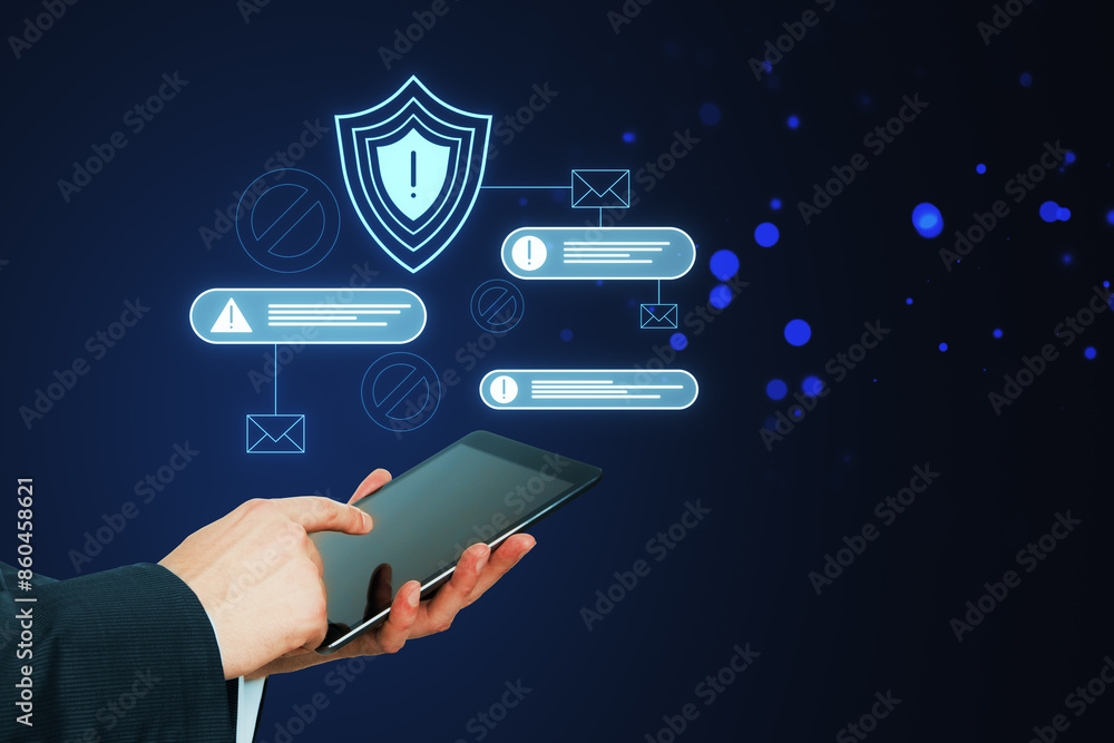 Poster Close up of male hands using smartphone with abstract digital web security error alert on dark background. Online safety and protection concept, hacker attack.