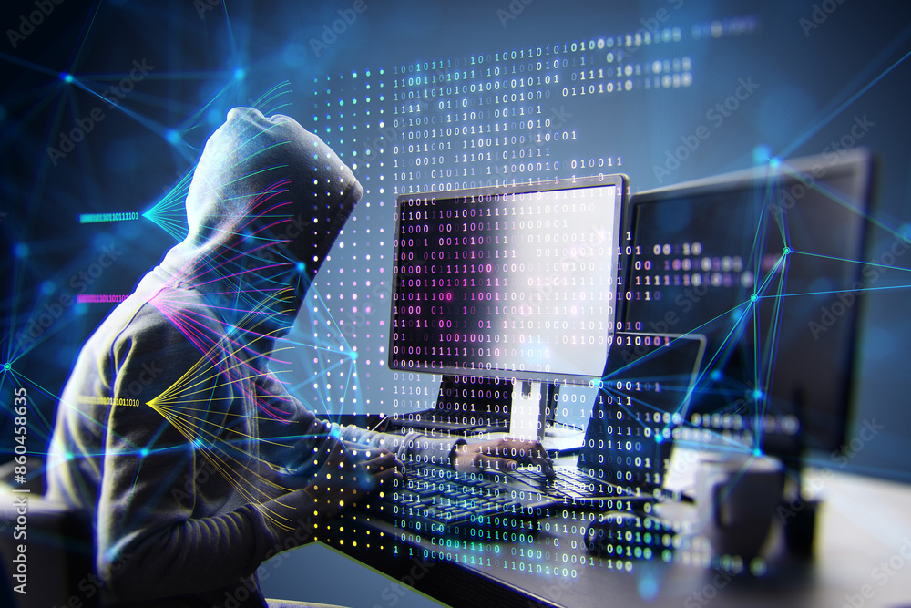 Aufkleber Side view of hacker in hoodie using computers with creative big data lines on dark background. Technology, malware and innovation concept. Double exposure.