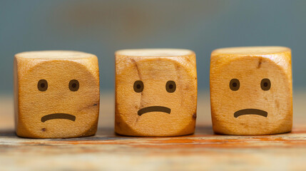 Sad wooden blocks with unhappy faces in a row. Generative AI	