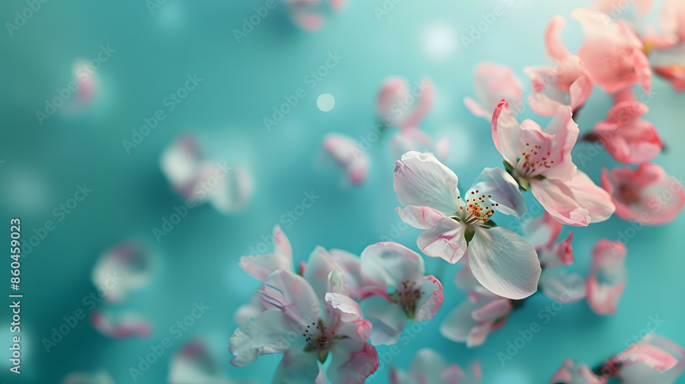 Poster beautiful spring nature background with lovely blossom petal and bokeh on turquoise blue background 