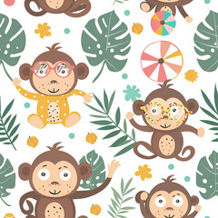 Cute Seamless Pattern with Monkey and Sunglasses