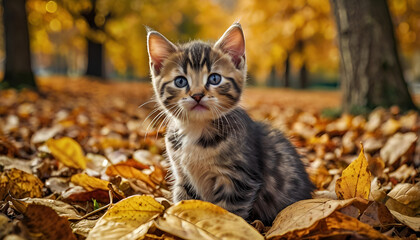 Kitten in autumn leaves