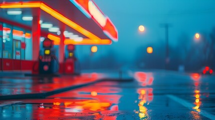 Obraz premium Neon-Lit Gas Station Amid Rainy Night Blur with Ample Copy Space