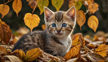 Kitten in autumn leaves