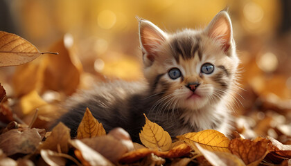 Kitten in autumn leaves