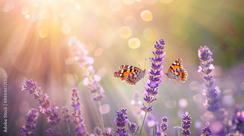 Poster amazing beautiful colorful natural scenery lavender flowers and two butterfly in rays of summer sunl