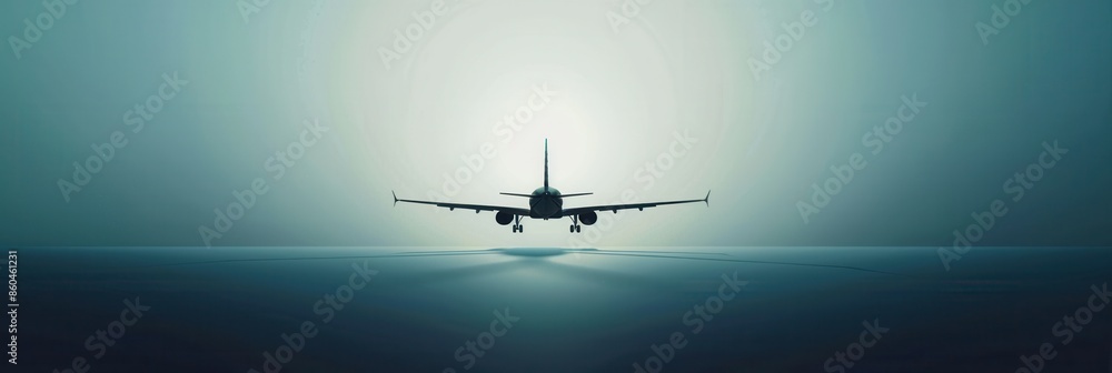 Poster A minimalistic silhouette of an airplane in flight against a hazy blue sky. Generative AI