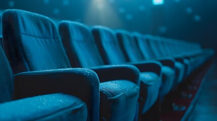 Fototapeta premium Blurry Auditorium Seats in Teal-Hued Theater Interior with Ample Copy Space