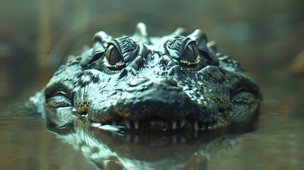 Fototapeta premium A close-up view of a crocodile, floating on calm water. The crocodile's back and head are visible, with its eyes and nostrils clearly discernible.
