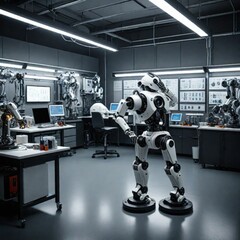 A robotics lab with scientists working on advanced robots, highlighting innovation and the future of technology.