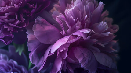 Moody flowers Roses peony purple on a black background Blur and selective focus Low key photo Extreme Flower Closeup Copy space : Generative AI