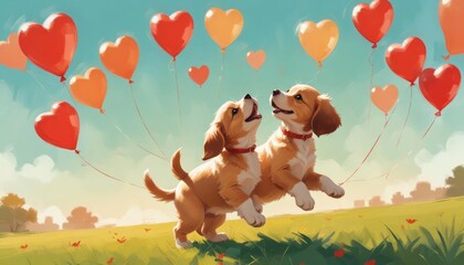 Obraz premium Puppy with heart shaped balloons on blue background, happy, cheerful, joyful
