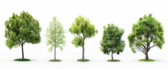 Set of different green trees isolated on white background