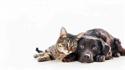 Obraz premium A dog and a cat lie on a white background.