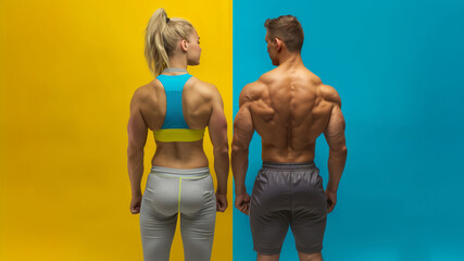 Back view of a male and female bodybuilder standing on a two-tone blue and yellow background.