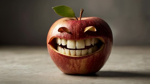 A red apple with a human smile