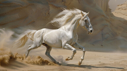 Fototapeta premium Beautiful white horse gallops through the sand dunes.
