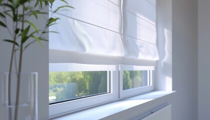 Fototapeta premium Bright Room with White Window Blinds and Greenery Outside. Generative ai