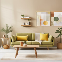 A stylish living room with a green sofa yellow pillows and geometric art on the walls