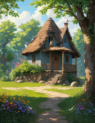 Whimsical Cottage Nestled in a Flower-Filled Garden