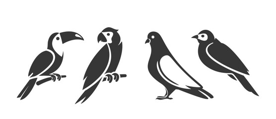 Collection Of Minimalist Bird Icons Using Negative Space Depict Toucan, Parrot, Pigeon And Sparrow Black-and-white Style
