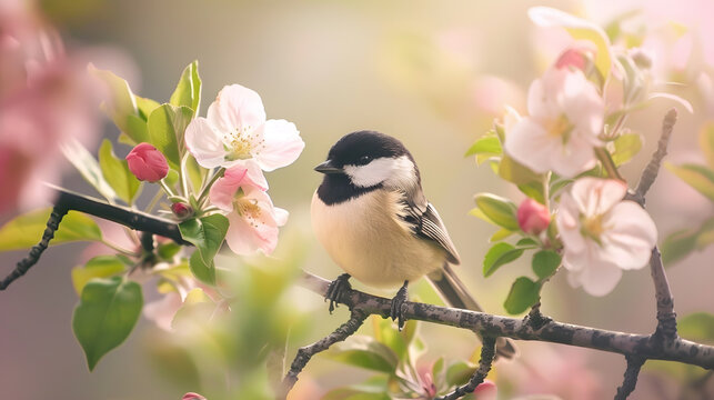 Close up of little bird sitting on branch of blossom apple tree Black capped chickadee : Generative AI