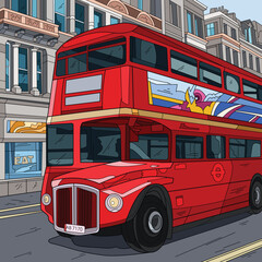 London Red Double Decker Bus Scenery Vector Illustration. Illustration Of A Red Double Decker Bus Driving on City Streets.
